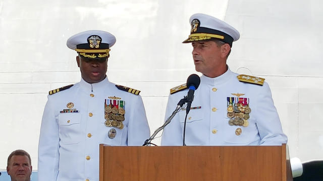 Adm. William Moran, Vice Chief of Naval Operations, turns over command of USS Gabrielle Giffords to Cmdr. Keith Woodley during a commissioning ceremony held at the Port of Galveston in this handout photo 