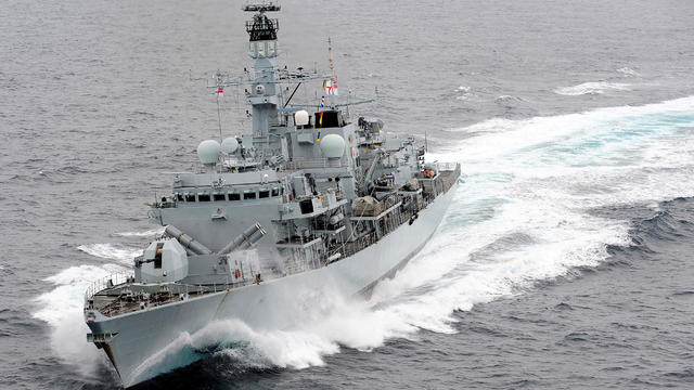 Royal Navy Type 23 frigate HMS Montrose is pictured at speed in the Mediterranean Sea 