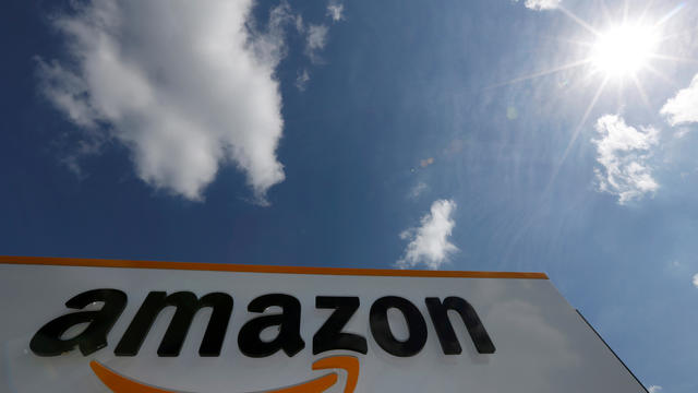 FILE PHOTO: The logo of Amazon is seen at the company logistics centre in Boves 