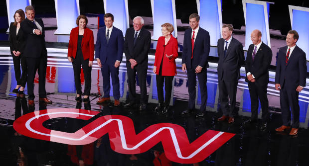 Candidates shake pose before the start of the first night of the second 2020 Democratic U.S. presidential debate in Detroit, Michigan, U.S. 