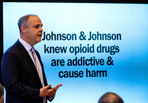 State's attorney Brad Beckworth presents information in the opening statements during the Oklahoma v. Johnson & Johnson opioid trial at the Cleveland County Courthouse in Norman 