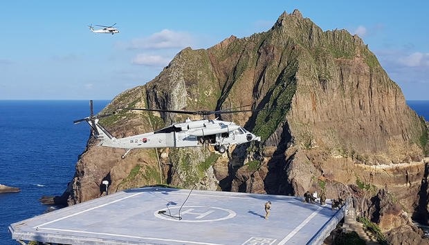Members of South Korean Marine Corps take part in a military exercise in remote islands called Dokdo 