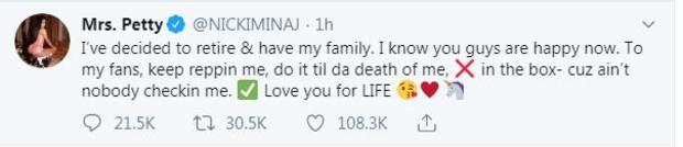 Nicki Minaj Retirement Tweet 