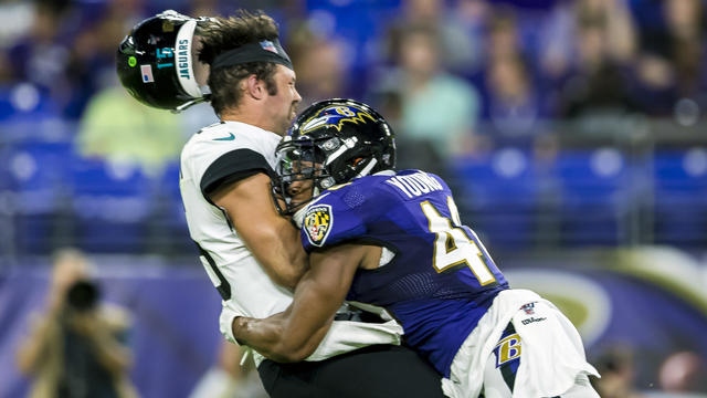 Gardner Minshew's Helmet Flies Off After Hit From Ravens' Kenny Young