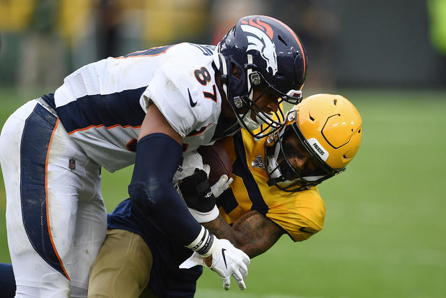 September 22, 2019: Green Bay Packers cornerback Jaire Alexander #23 runs  off the field after the NFL Football game between the Denver Broncos and  the Green Bay Packers at Lambeau Field in