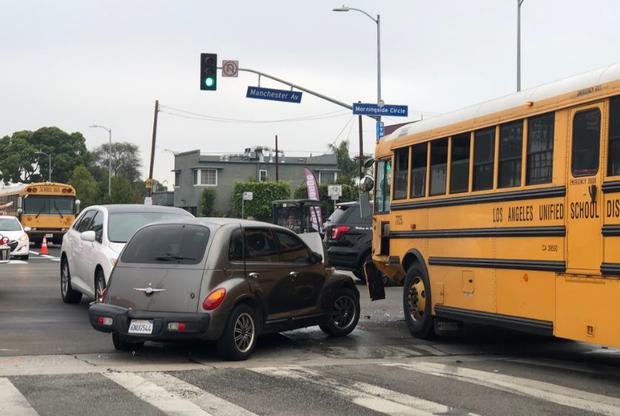 A crash involving a school bus in Inglewood, Calif., on Sept. 25, 2019. (CBS2) 