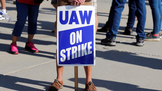 A "UAW On Strike" sign is seen during a rally outside the shuttered GM Lordstown Assembly plant during the United Auto Workers national strike in Lordstown, Ohio 