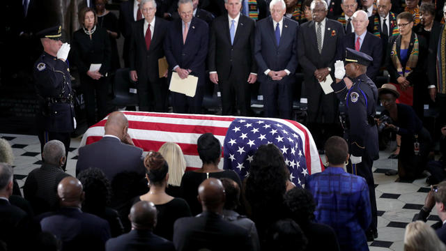The casket of Rep. Elijah Cummings lies in repose in Statuary Hall of the U.S. Capitol on Capitol Hill in Washington 