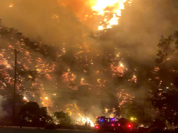 A wildfire is seen near the Getty Center in Los Angeles October 28, 2019, in this screen grab obtained from a social media video. 