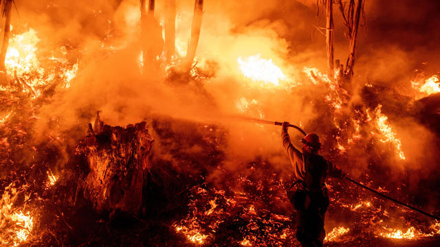 Firefighters work to control flames from a backfire during the Maria Fire in Santa Paula, California, on November 1, 2019. 