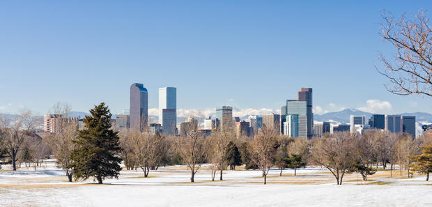 View of Denver Colorado with Mountains in Winter 