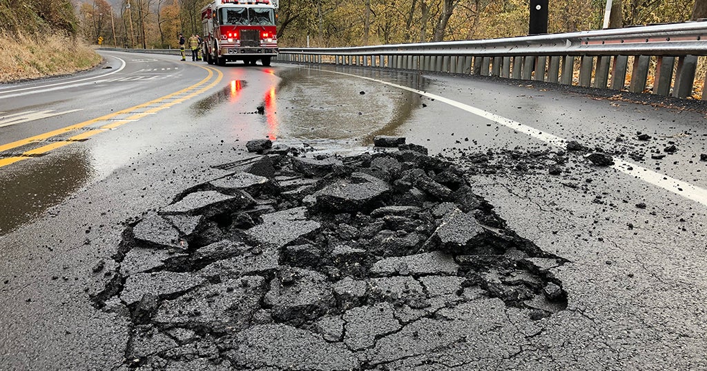 Water Main Break Causes Road To Crumble In Elliott - CBS Pittsburgh