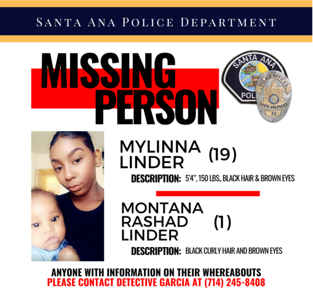 Mylinna Linder and her one-year-old son, Montana Linder, were last seen at Jerome Park in Santa Ana at approximately ‪3 p.m.‬ November 26th, according to police. 
