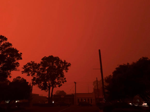 The sky glows red as bushfires continue to rage in Mallacoota, Victoria, Australia 