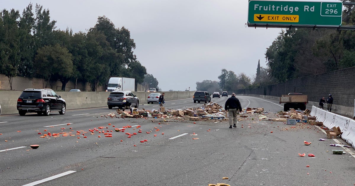 Big Rig Jackknifes On Highway 99 In Sacramento, Spills Produce - CBS ...