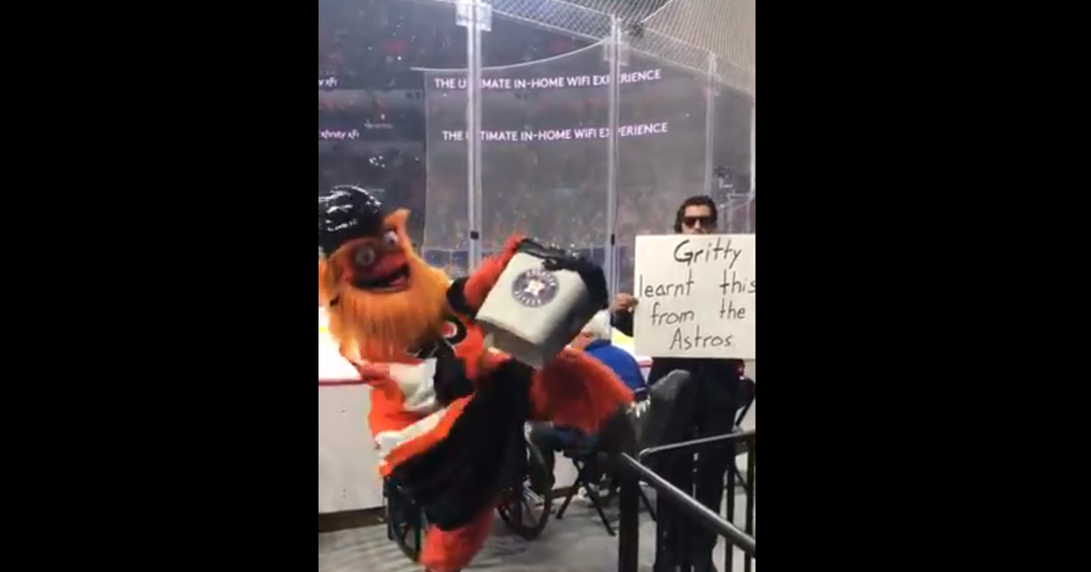WATCH: Gritty Trolls Houston Astros By Banging On Trash Can During