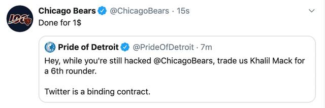 Bears' Twitter Account Hacked; Announces New Owners And Trade Of Khalil  Mack - CBS Chicago