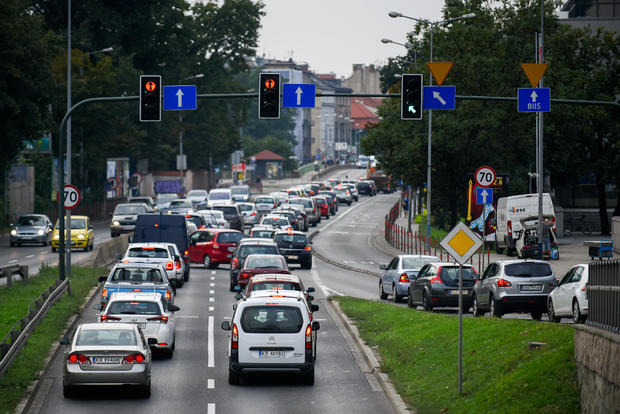 Traffic is seen next to the Congress Center.Krakow is the 