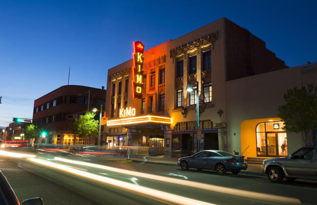 Albuquerque, Route 66 of Central Avenue historic KIMO Theatre at night 