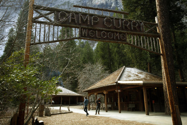 The historic wood sign at Camp Curry still greets visitors arriving at the famous lodging site in Y 