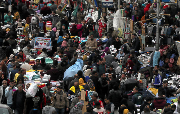 A view shows a crowd and shops at Al Ataba, a market in central Cairo 