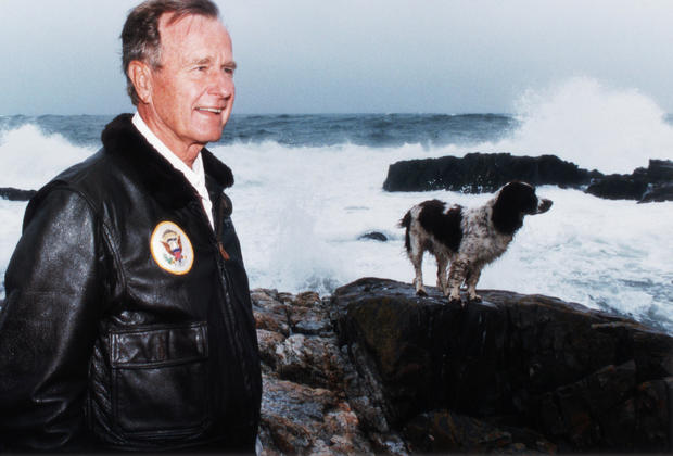 President Bush With Millie at the Beach 