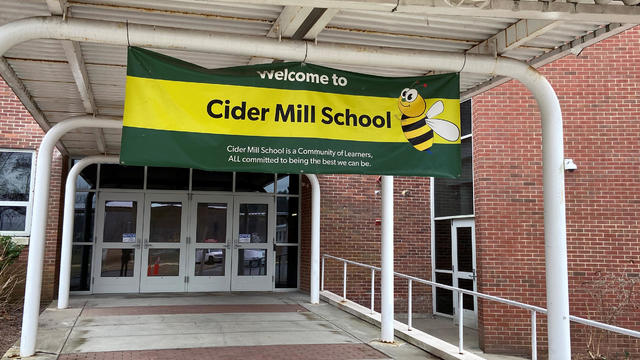 The entrance to Cider Mill School, an elementary school that has been closed due to coronavirus, is pictured in Wilton 