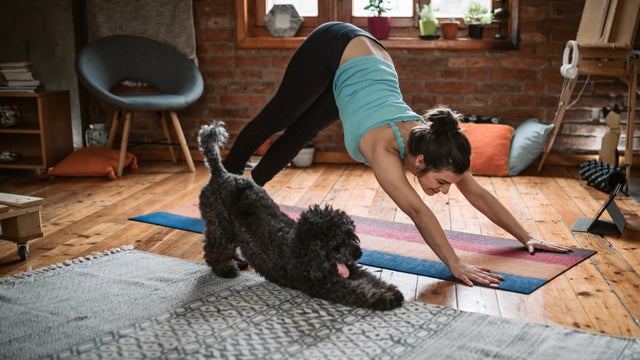 Woman doing yoga with her dog 