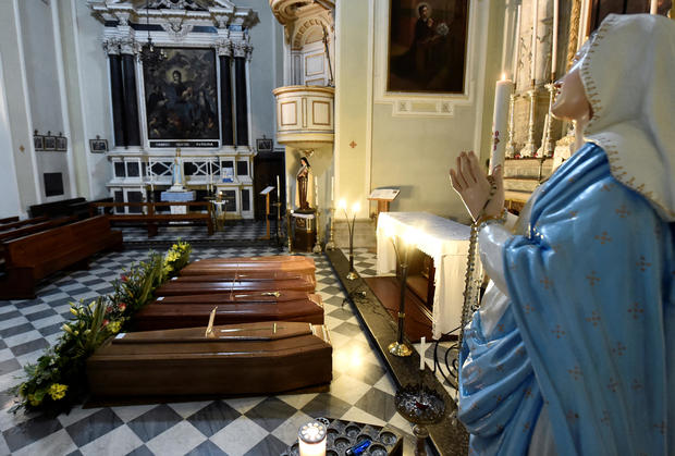 Coffins are seen inside a church in Serina near Bergamo, one of Italy's cities worst-hit by coronavirus disease (COVID-19) 