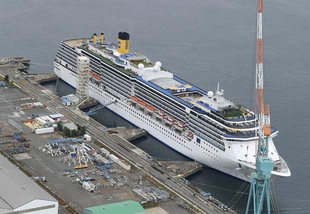 An aerial view shows Italian cruise ship Costa Atlantica in Nagasaki, Japan 