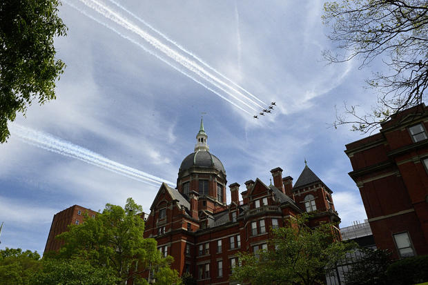 Blue Angels and Thunderbirds fly over Johns Hopkins Hospital 