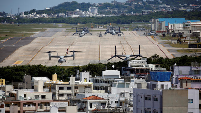 FILE PHOTO: U.S. Marine Corps MV-22 Osprey aircrafts are seen at the U.S. Marine Corps' Futenma Air Station in Ginowan on Japan's southernmost island of Okinawa 