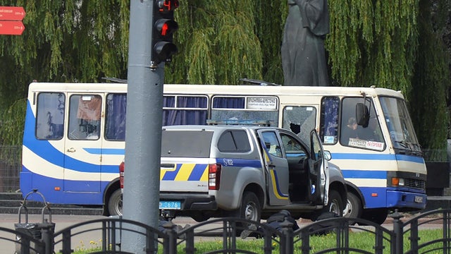 A view shows a passenger bus seized by an unidentified person in Lutsk 