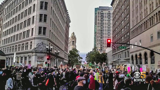 Demonstrators Fill the Street in Downtown Oakland Saturday Evening 