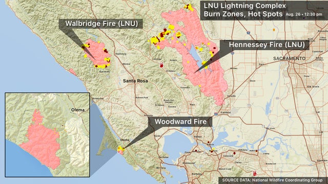 Aug. 26: LNU Complex and Woodward Fire Burn Zones Map 