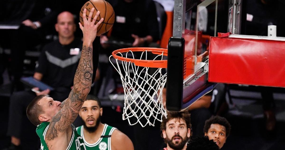 Daniel Theis of the Boston Celtics reacts to a call against the