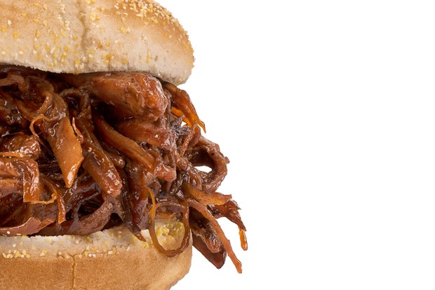 Close up on pulled pork sandwich 