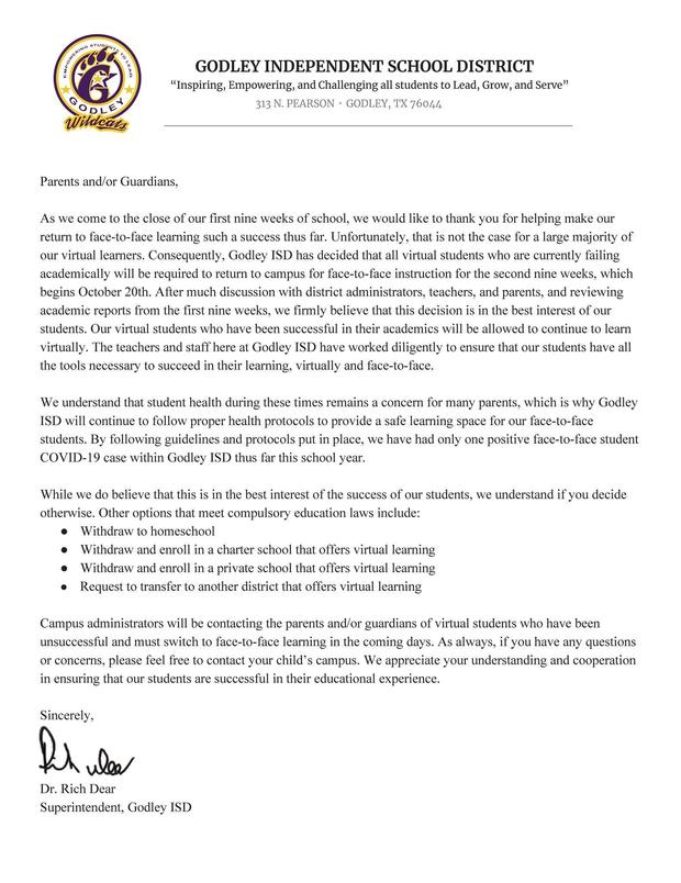 Letter from Godley ISD Superintendent 