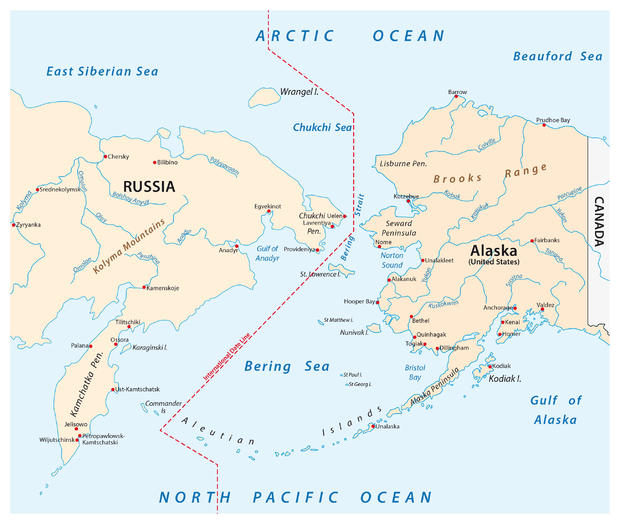 Map of the Bering Strait between Russia and Alaska 