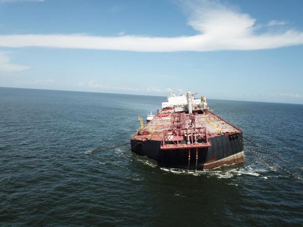 The Nabarima floating storage and offloading (FSO) facility is seen tilted in the Paria Gulf 