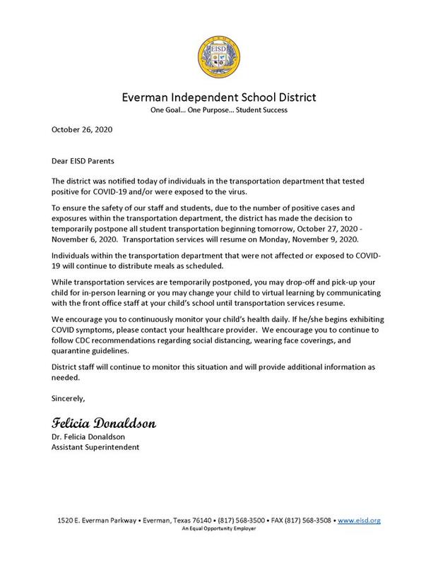 Everman ISD letter on COVID-19 outbreak 