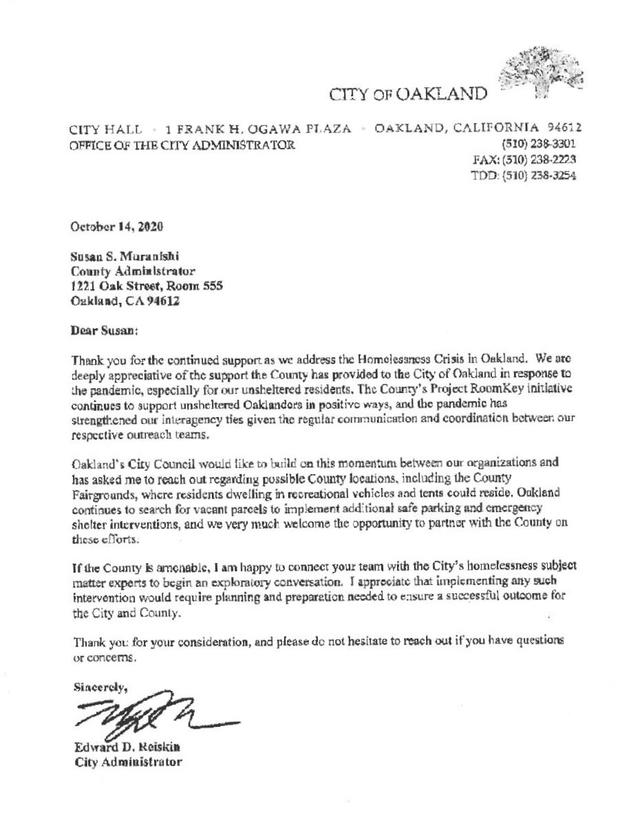 Oakland Letter Housing Homeless Fairgrounds Pleasanton 