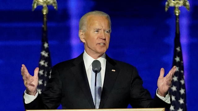 Democratic 2020 U.S. presidential nominee Joe Biden addresses supporters at an election rally, after news media announced that Biden has won the 2020 U.S. presidential election, in Wilmington, Delaware 