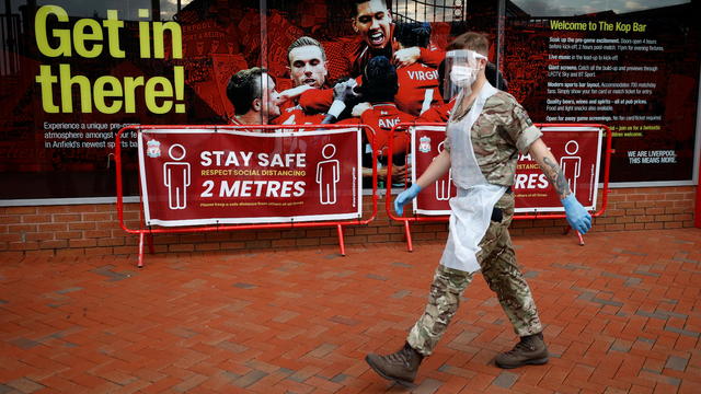 Soldiers from the Royal Artillery regiment operate a coronavirus disease (COVID 19) testing centre at Liverpool Football Club's Anfield stadium in Liverpool, Britain 