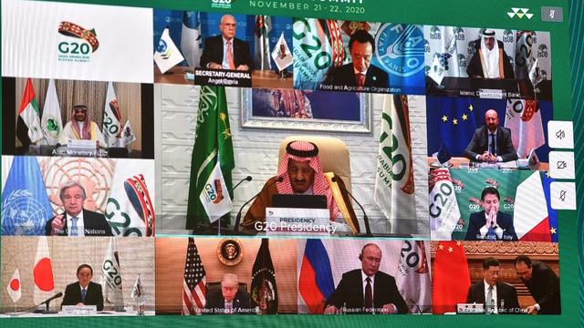 Saudi King Salman bin Abdulaziz gives virtual speech during the 15th annual G20 Leaders' Summit in Riyadh, Saudi Arabia 