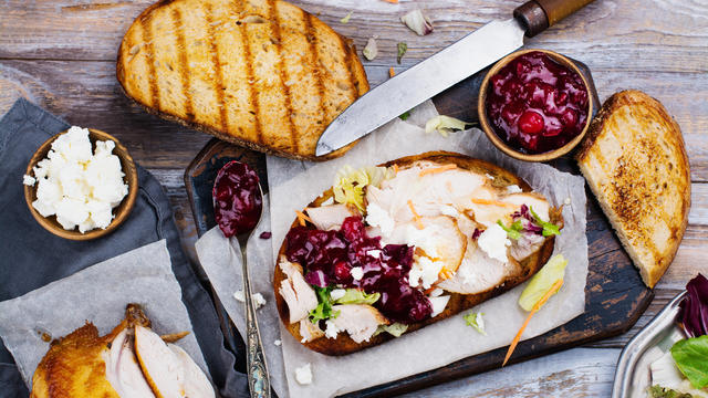 Homemade turkey leftover sandwich with cranberry sauce 