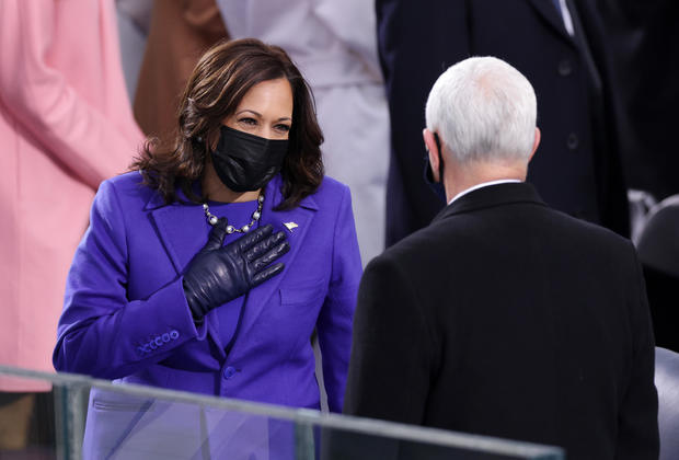 Kamala Harris greets Mike Pence at Inauguration 