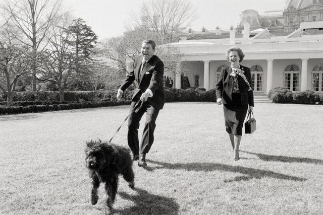 Thatcher and Reagan Walking Dog