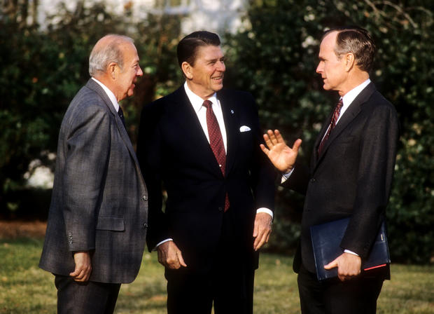 President Reagan, Vice President Bush and Sec. of State George Shultz at the White House. 