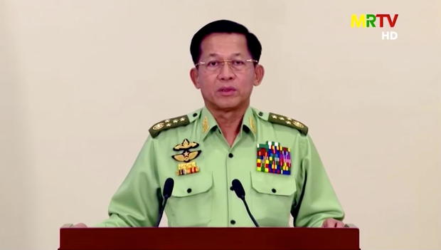 Myanmar's military junta leader Min Aung Hlaing speaks in media broadcast in Naypyitaw 